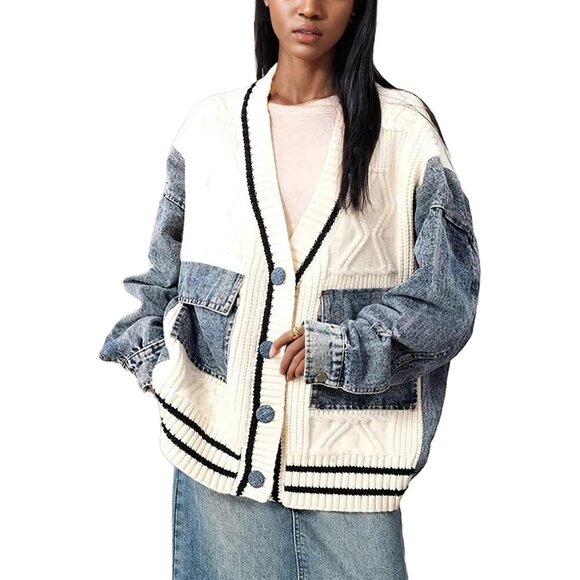 Women Denim Patchwork Cardigan Long Sleeve Open Front Casual Streetwear